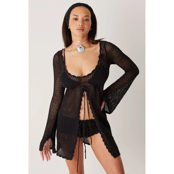 Frankies Bikinis Collette Crochet Tunic Dress Cover Up Linen Cotton Knit Black - Picture 1 of 12